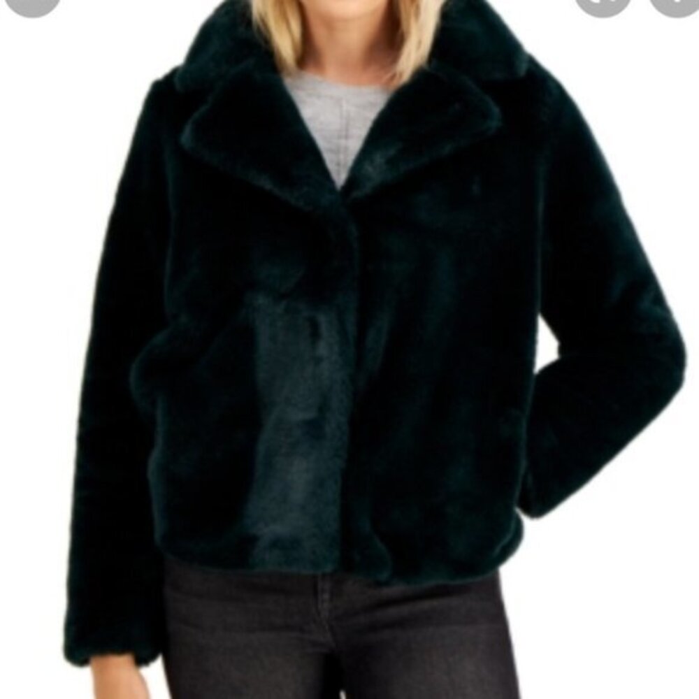 Jou Jou Black Plush Faux Fur Elegant Notched Collar Teddy Coat Large